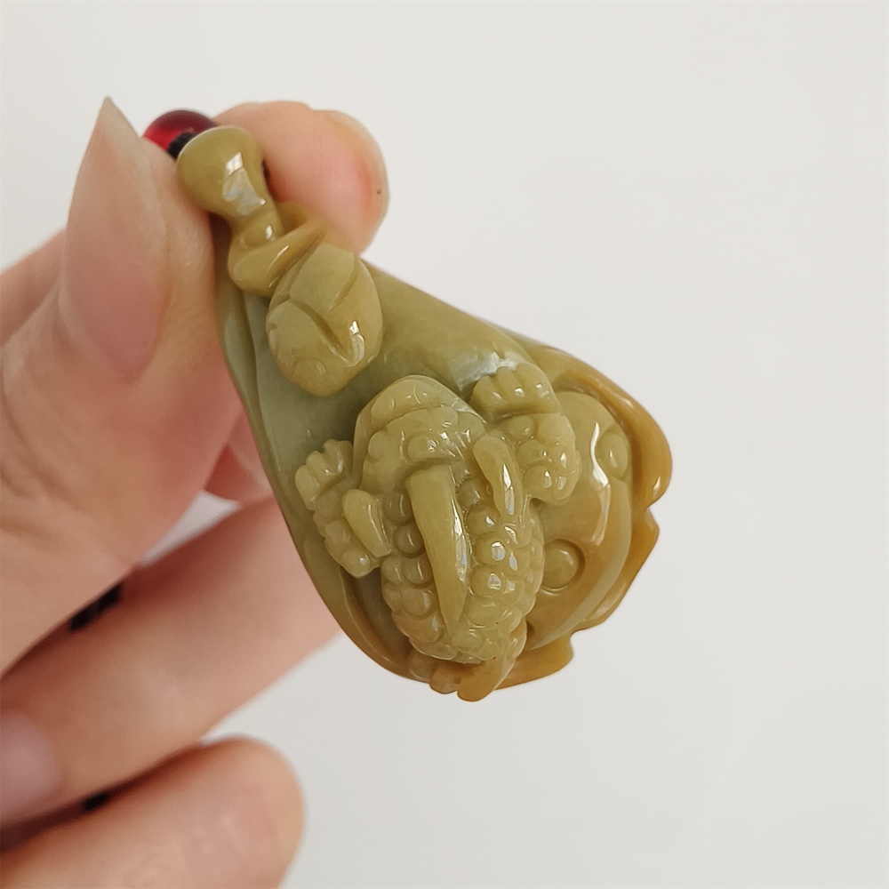 DDP 36.5mm Natural Certificated Yellow Burmese Jadeite Lotus Pod Pendant With Frog Carved