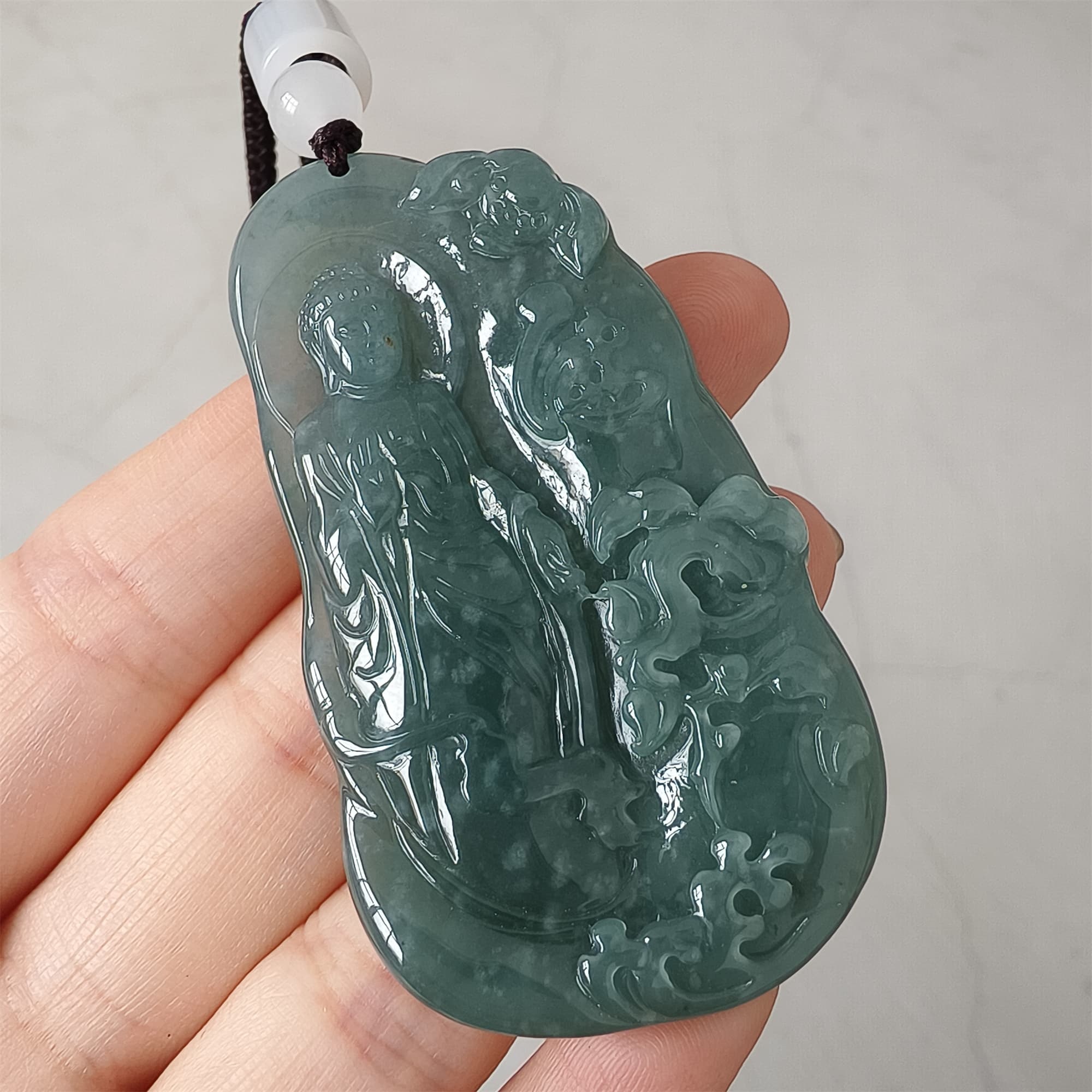 DDP 59mm Natural Certificated Type A Icy Blue Watery Guatemalan Jadeite Irregular Pendant With Buddha Carved