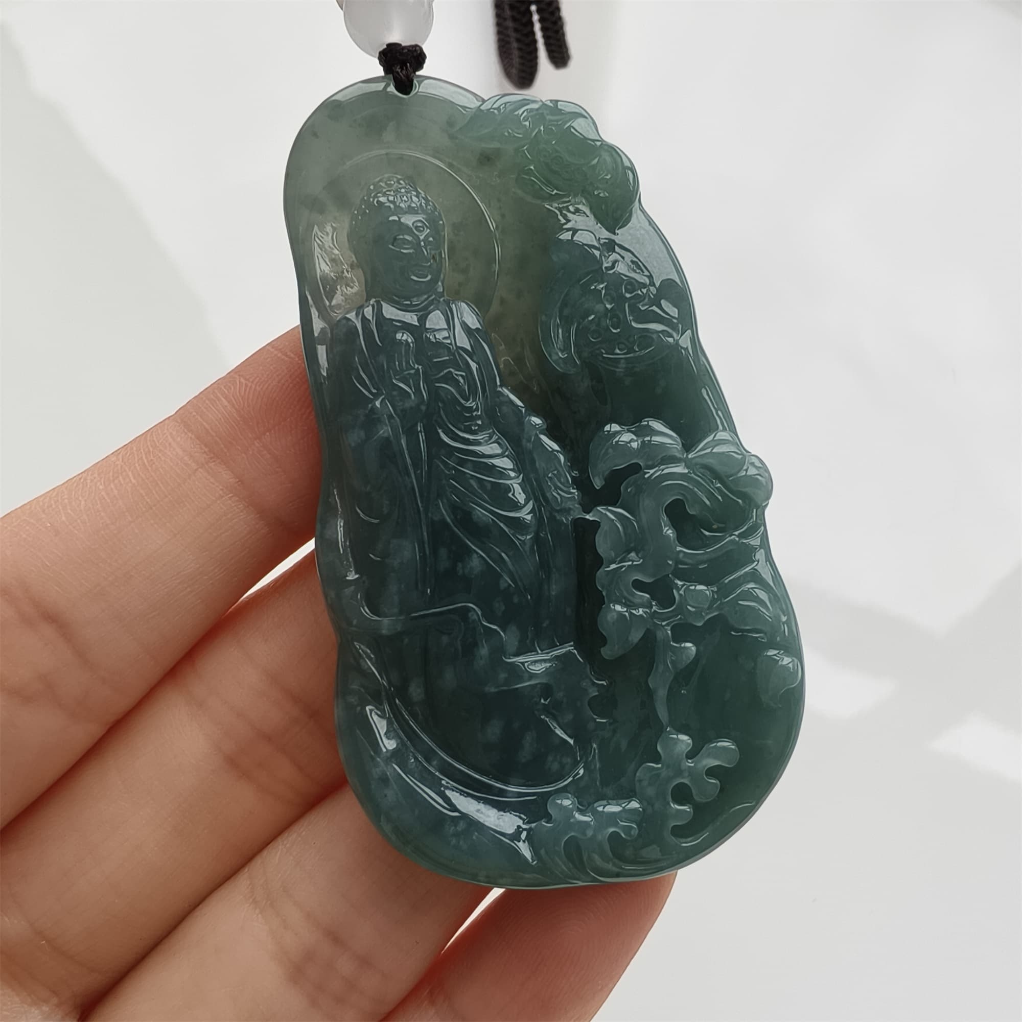 DDP 59mm Natural Certificated Type A Icy Blue Watery Guatemalan Jadeite Irregular Pendant With Buddha Carved