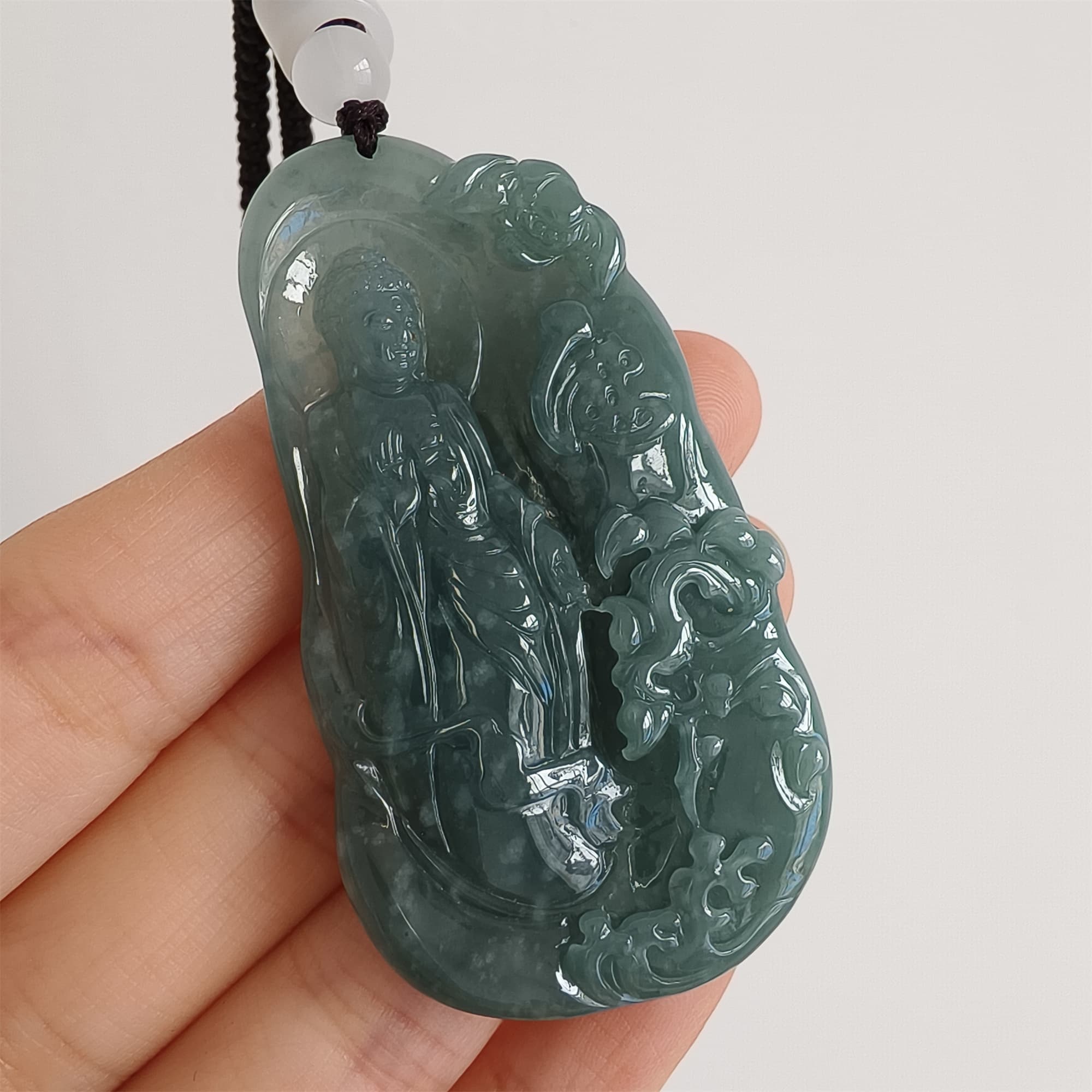 DDP 59mm Natural Certificated Type A Icy Blue Watery Guatemalan Jadeite Irregular Pendant With Buddha Carved