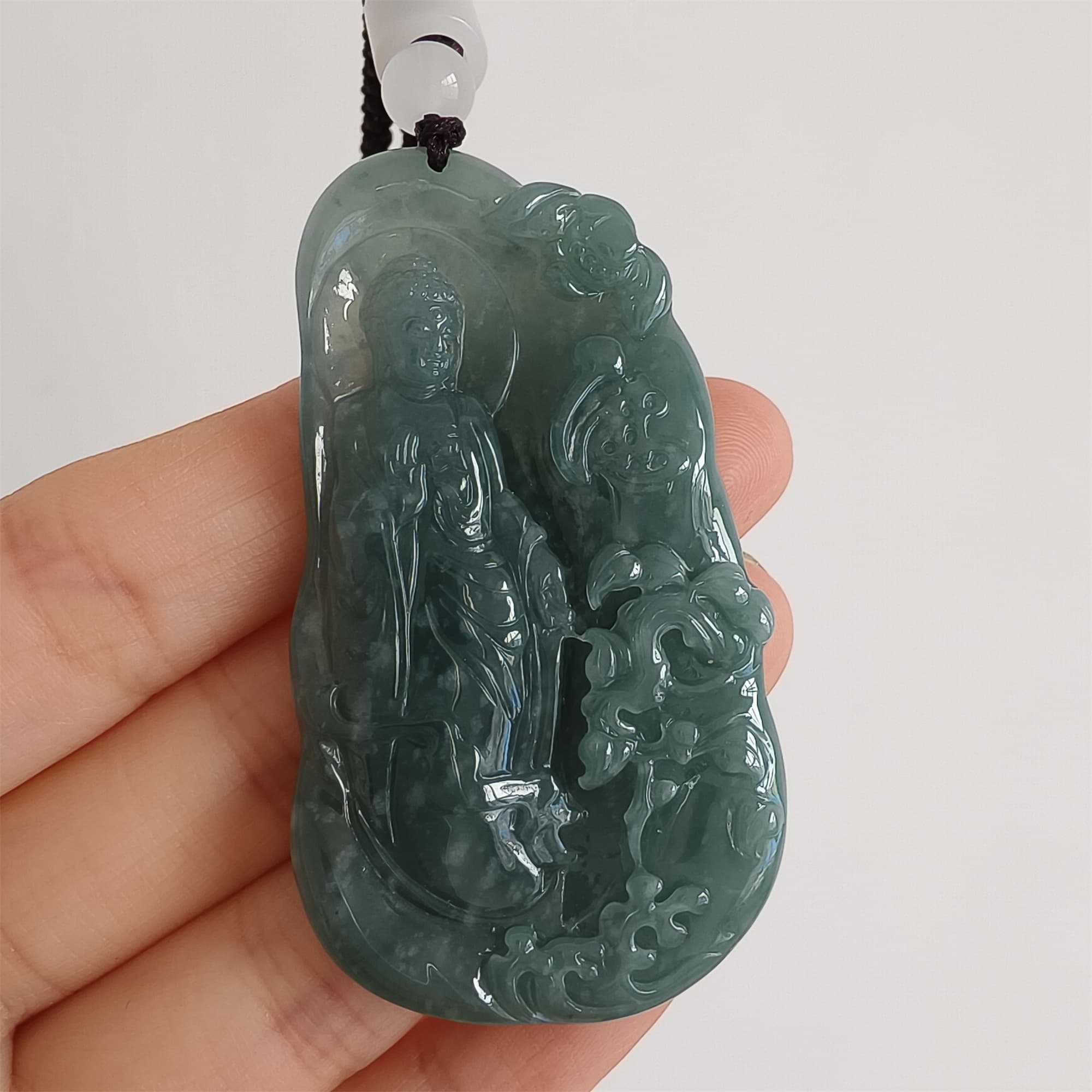 DDP 59mm Natural Certificated Type A Icy Blue Watery Guatemalan Jadeite Irregular Pendant With Buddha Carved