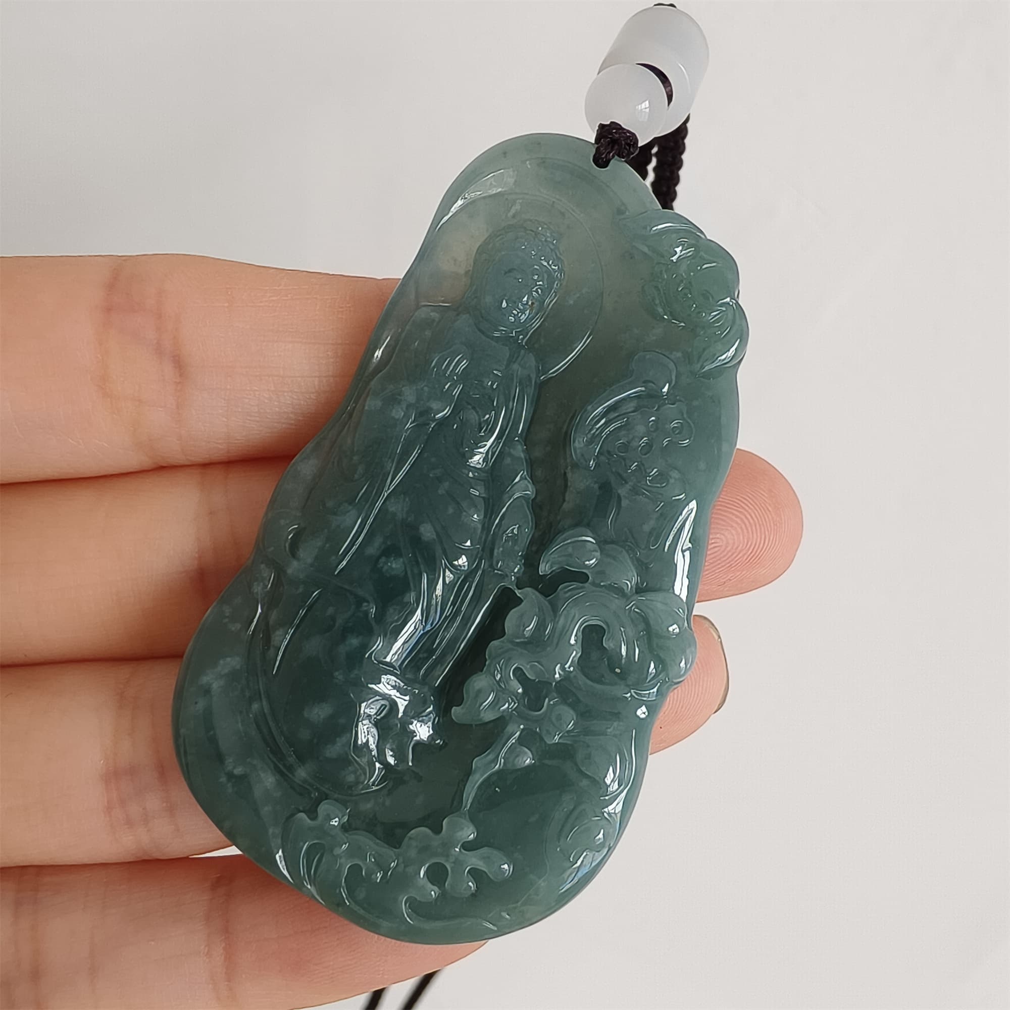 DDP 59mm Natural Certificated Type A Icy Blue Watery Guatemalan Jadeite Irregular Pendant With Buddha Carved