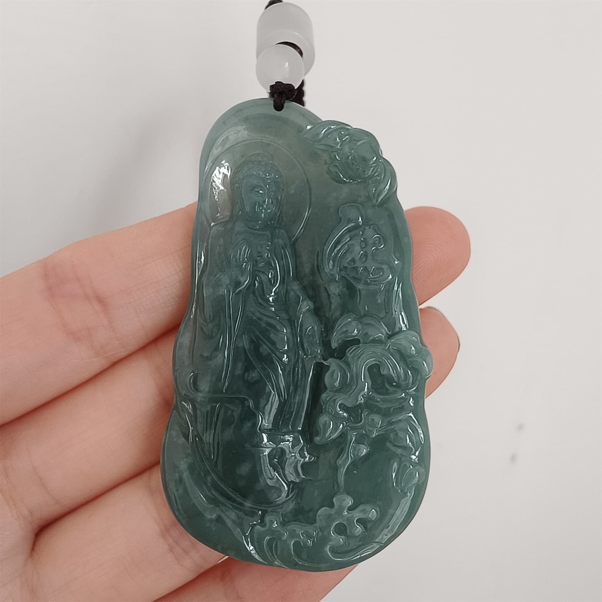 DDP 59mm Natural Certificated Type A Icy Blue Watery Guatemalan Jadeite Irregular Pendant With Buddha Carved