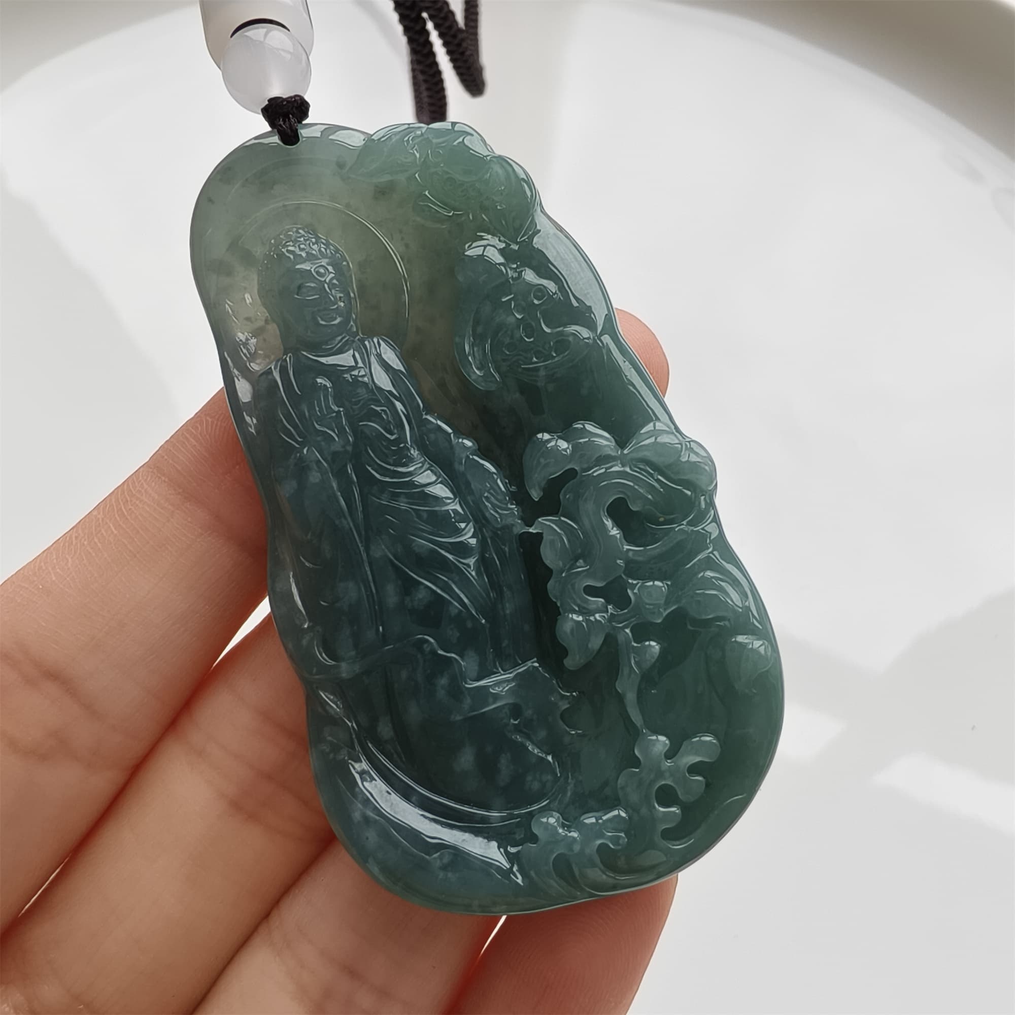DDP 59mm Natural Certificated Type A Icy Blue Watery Guatemalan Jadeite Irregular Pendant With Buddha Carved