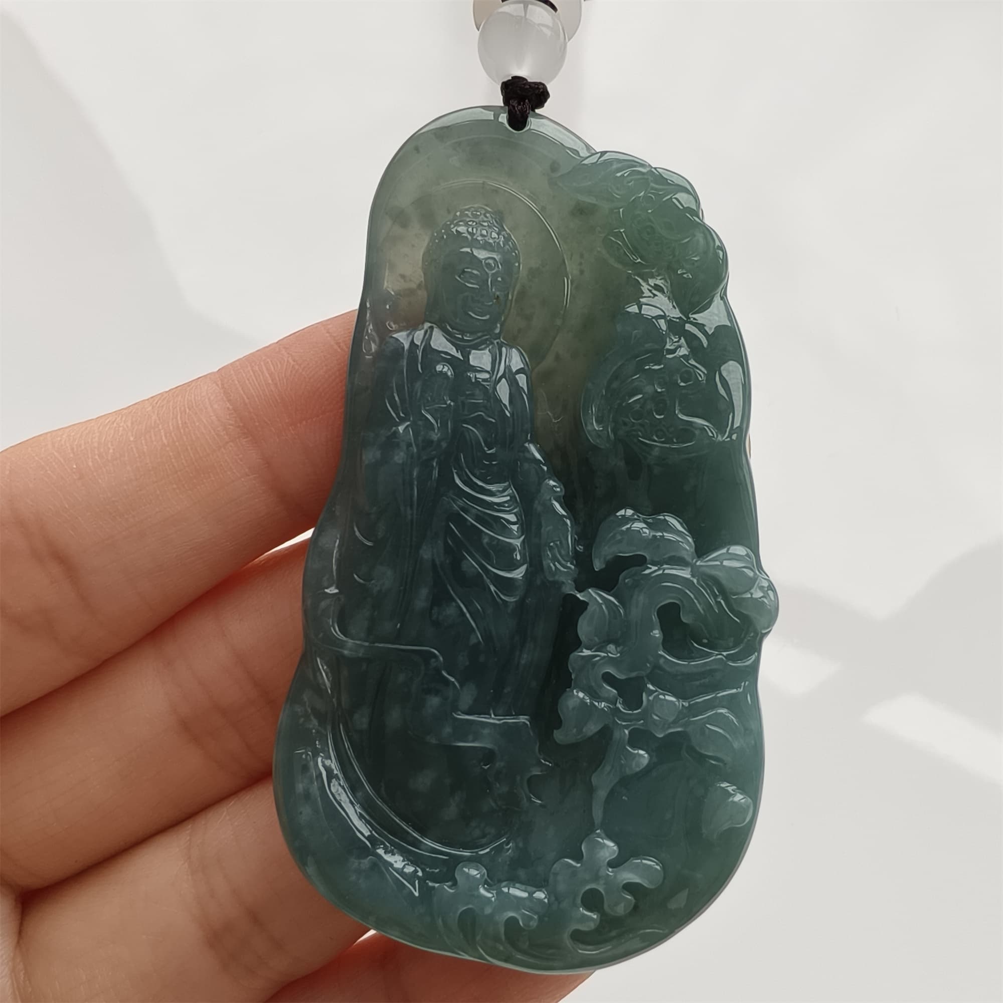 DDP 59mm Natural Certificated Type A Icy Blue Watery Guatemalan Jadeite Irregular Pendant With Buddha Carved