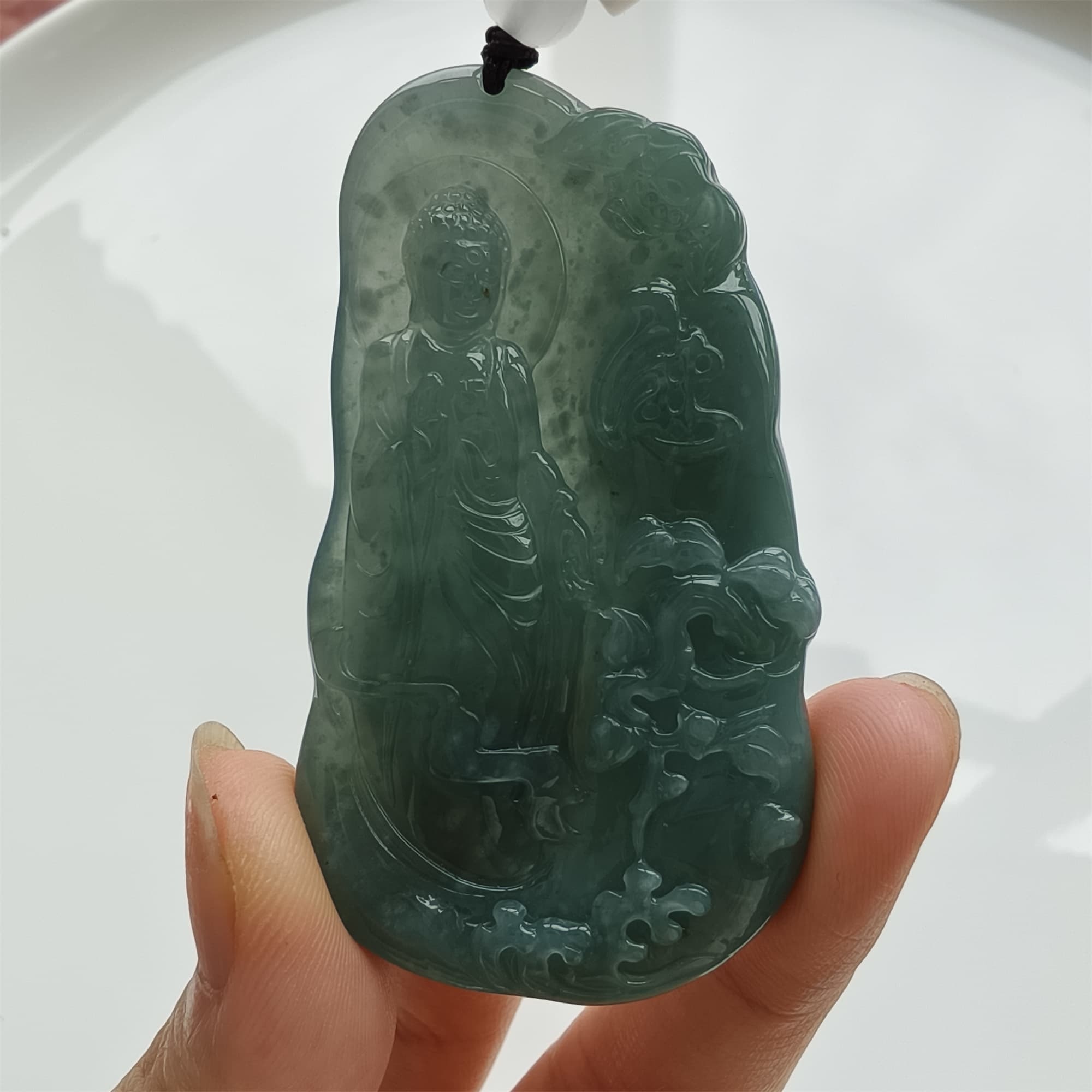 DDP 59mm Natural Certificated Type A Icy Blue Watery Guatemalan Jadeite Irregular Pendant With Buddha Carved