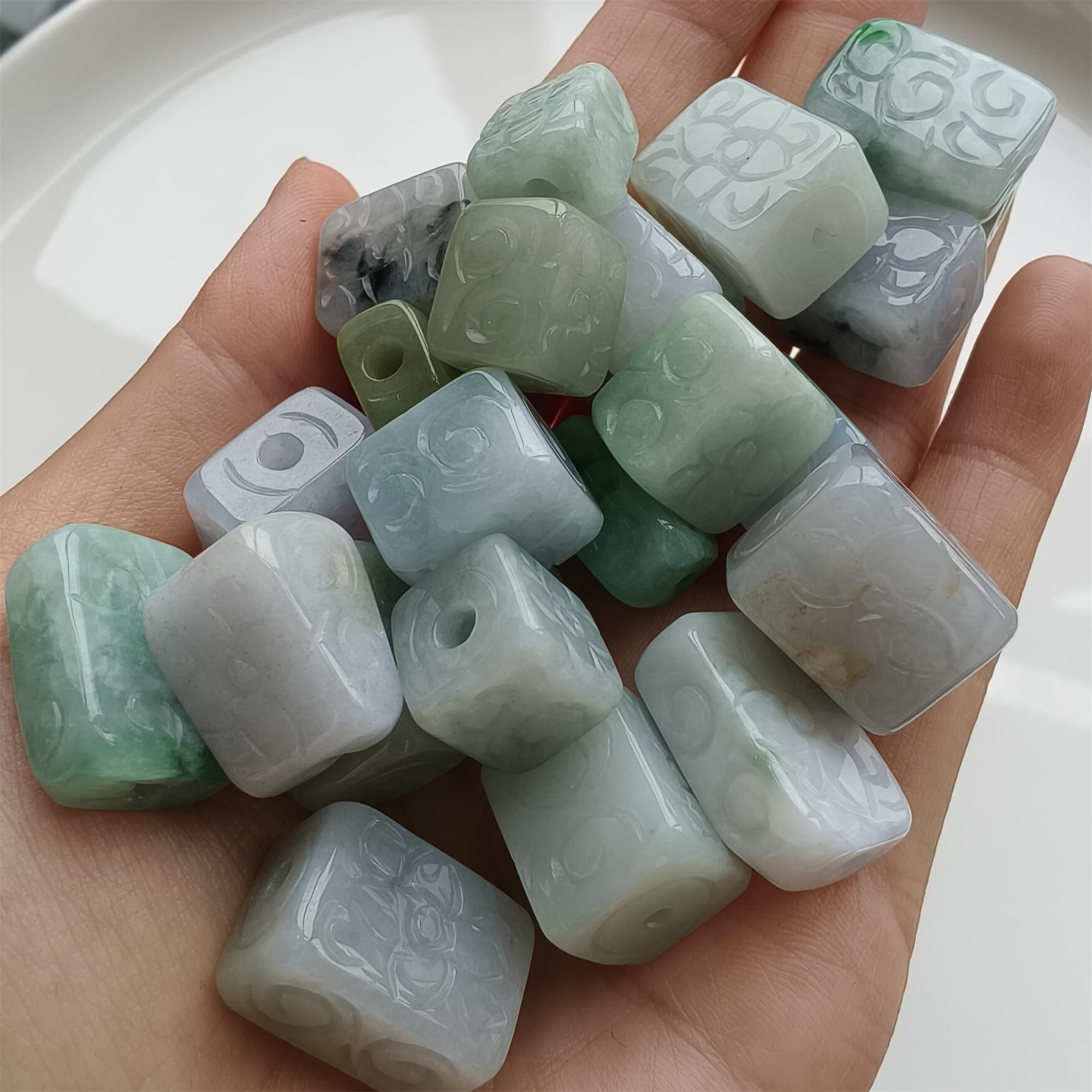 DDP 5pcs 11.5-19mm Natural Certificated Multi Color Burmese Jadeite Rectangle Square Beads With Flower Carved