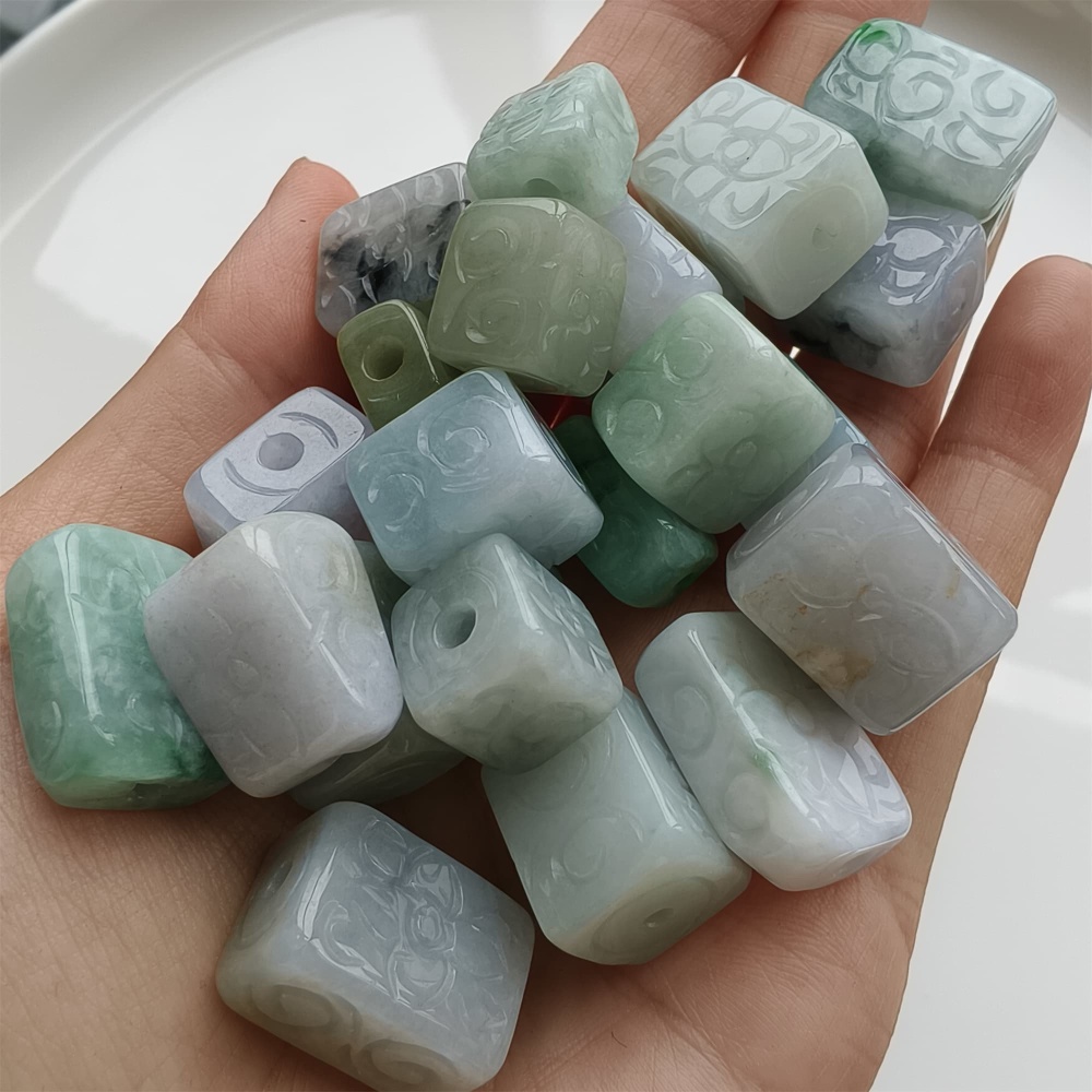 DDP 5pcs 11.5-19mm Natural Certificated Multi Color Burmese Jadeite Rectangle Square Beads With Flower Carved