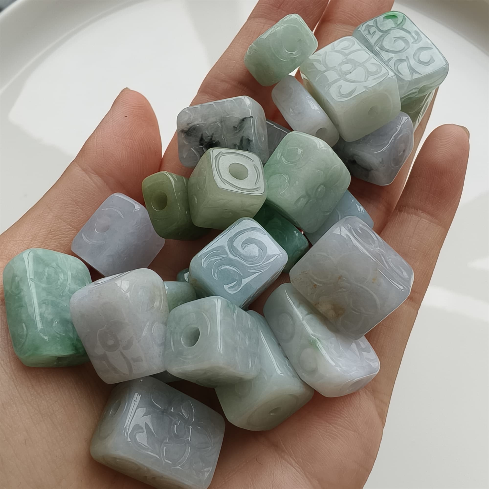 DDP 5pcs 11.5-19mm Natural Certificated Multi Color Burmese Jadeite Rectangle Square Beads With Flower Carved