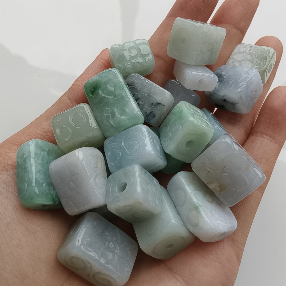 DDP 5pcs 11.5-19mm Natural Certificated Multi Color Burmese Jadeite Rectangle Square Beads With Flower Carved