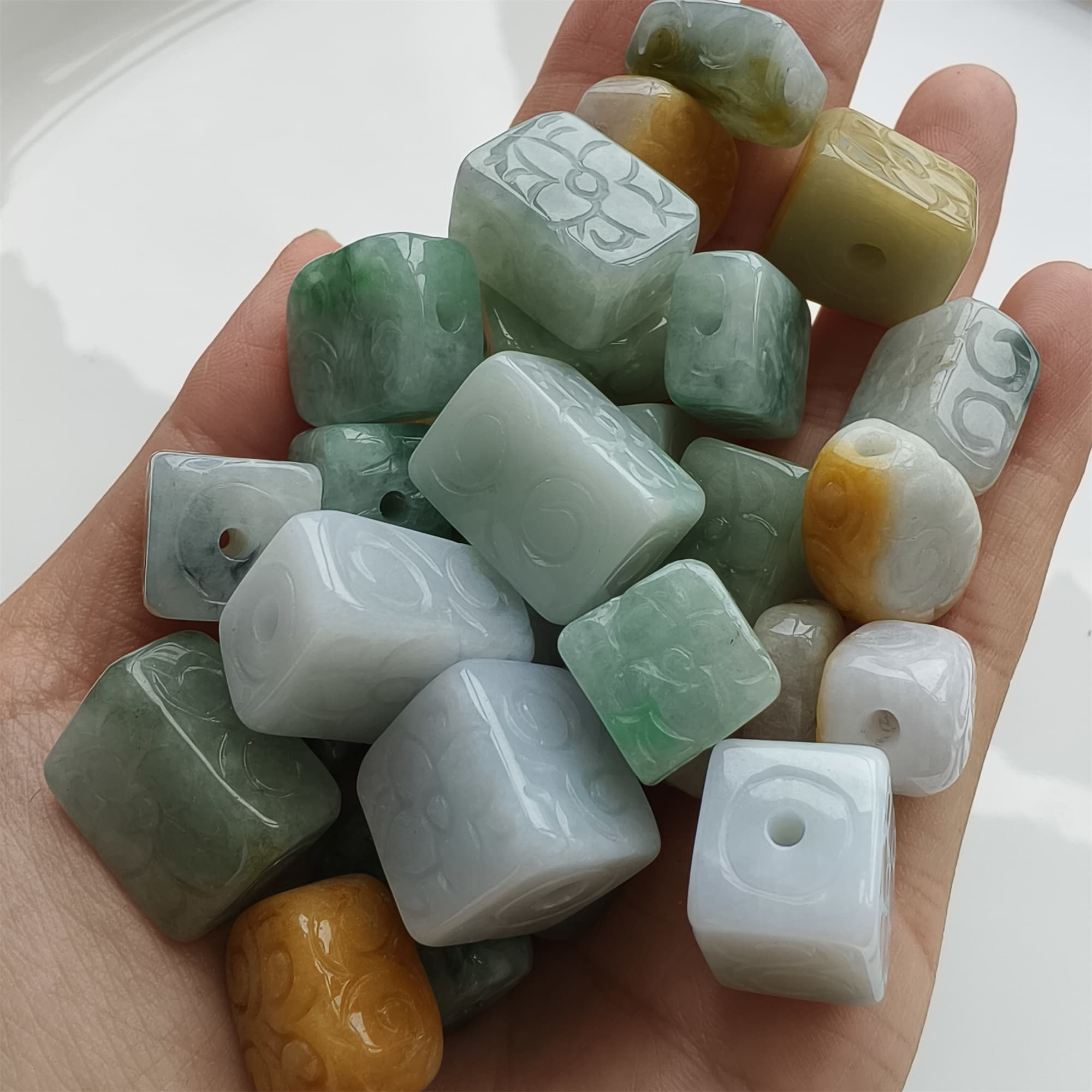 DDP 5pcs 11.5-19mm Natural Certificated Multi Color Burmese Jadeite Rectangle Square Beads With Flower Carved