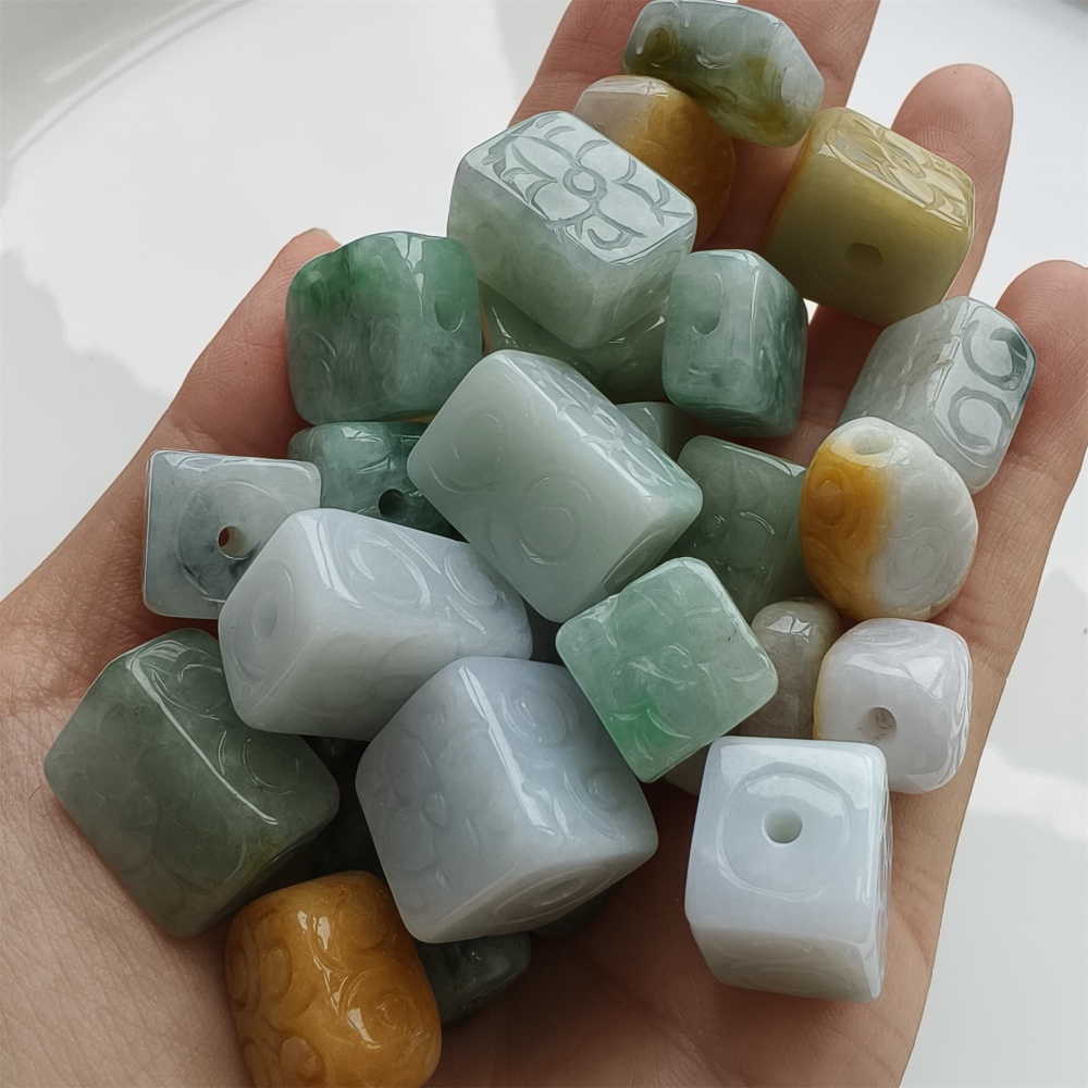 DDP 5pcs 11.5-19mm Natural Certificated Multi Color Burmese Jadeite Rectangle Square Beads With Flower Carved