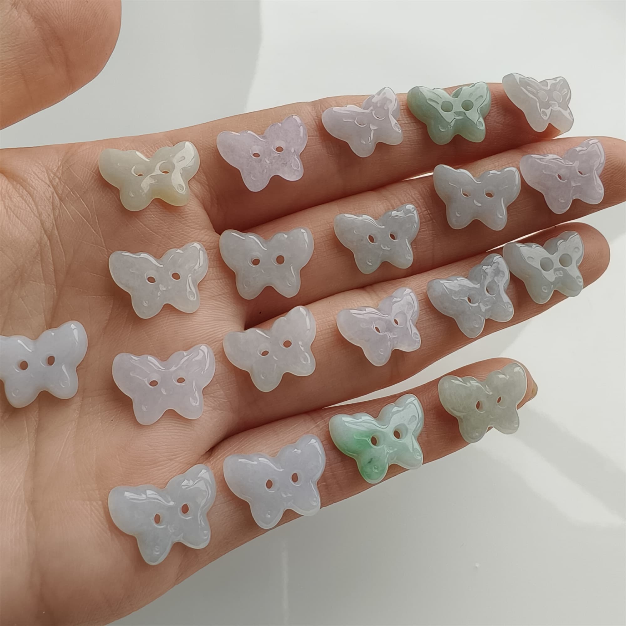 DDP 5pcs 12.5-14mm Natural Certificated Type A Icy Green White Burmese Jadeite Butterfly Button Beads