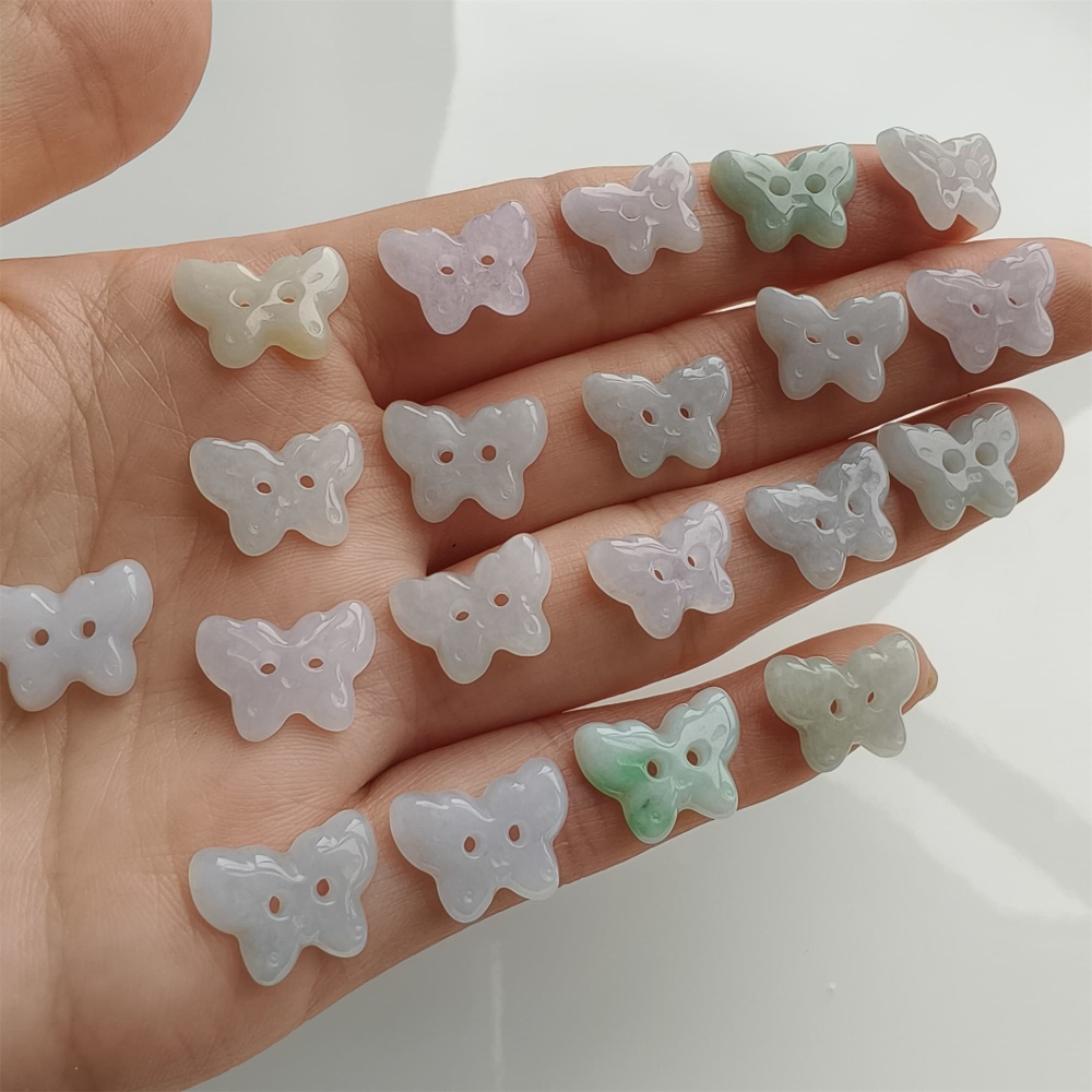 DDP 5pcs 12.5-14mm Natural Certificated Type A Icy Green White Burmese Jadeite Butterfly Button Beads