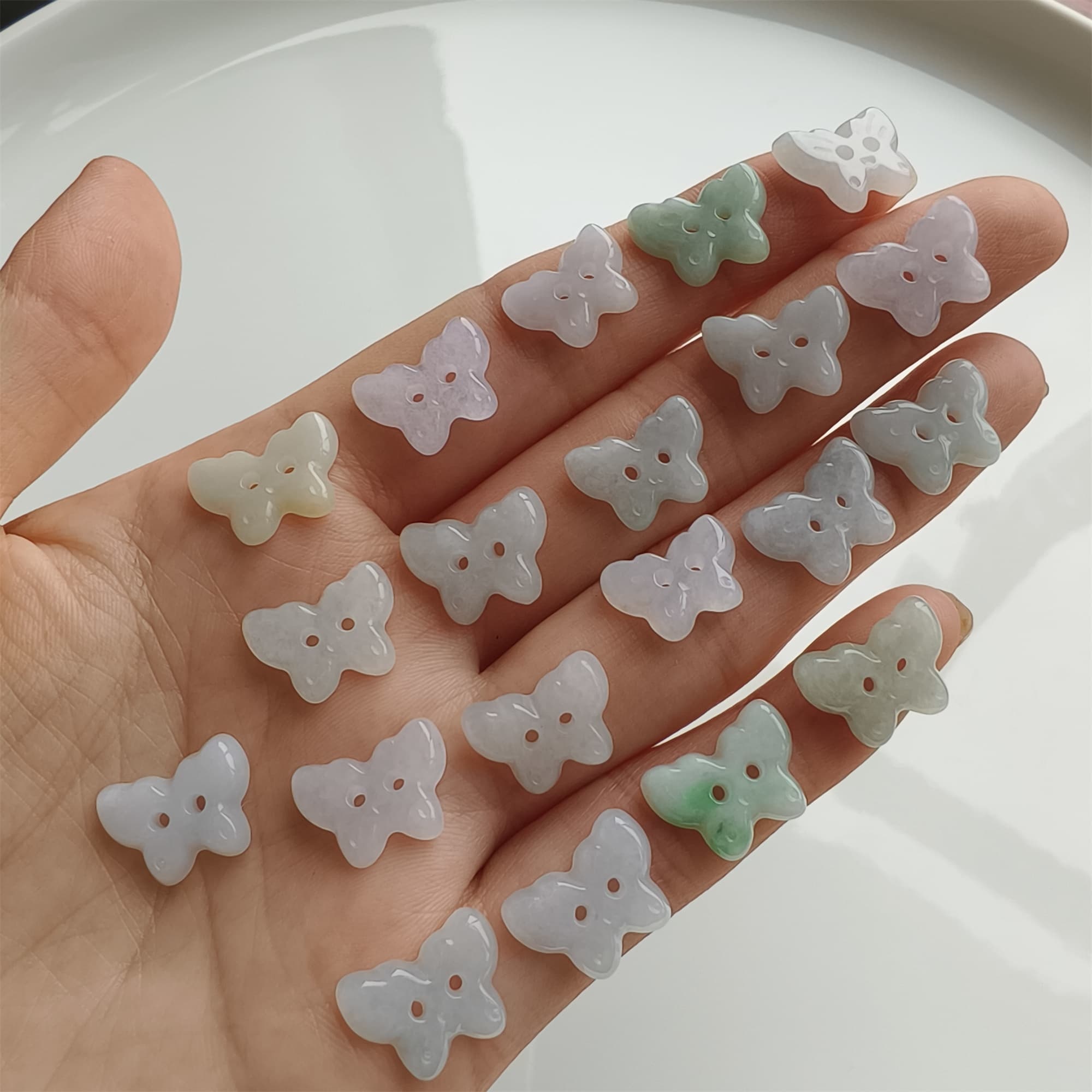 DDP 5pcs 12.5-14mm Natural Certificated Type A Icy Green White Burmese Jadeite Butterfly Button Beads