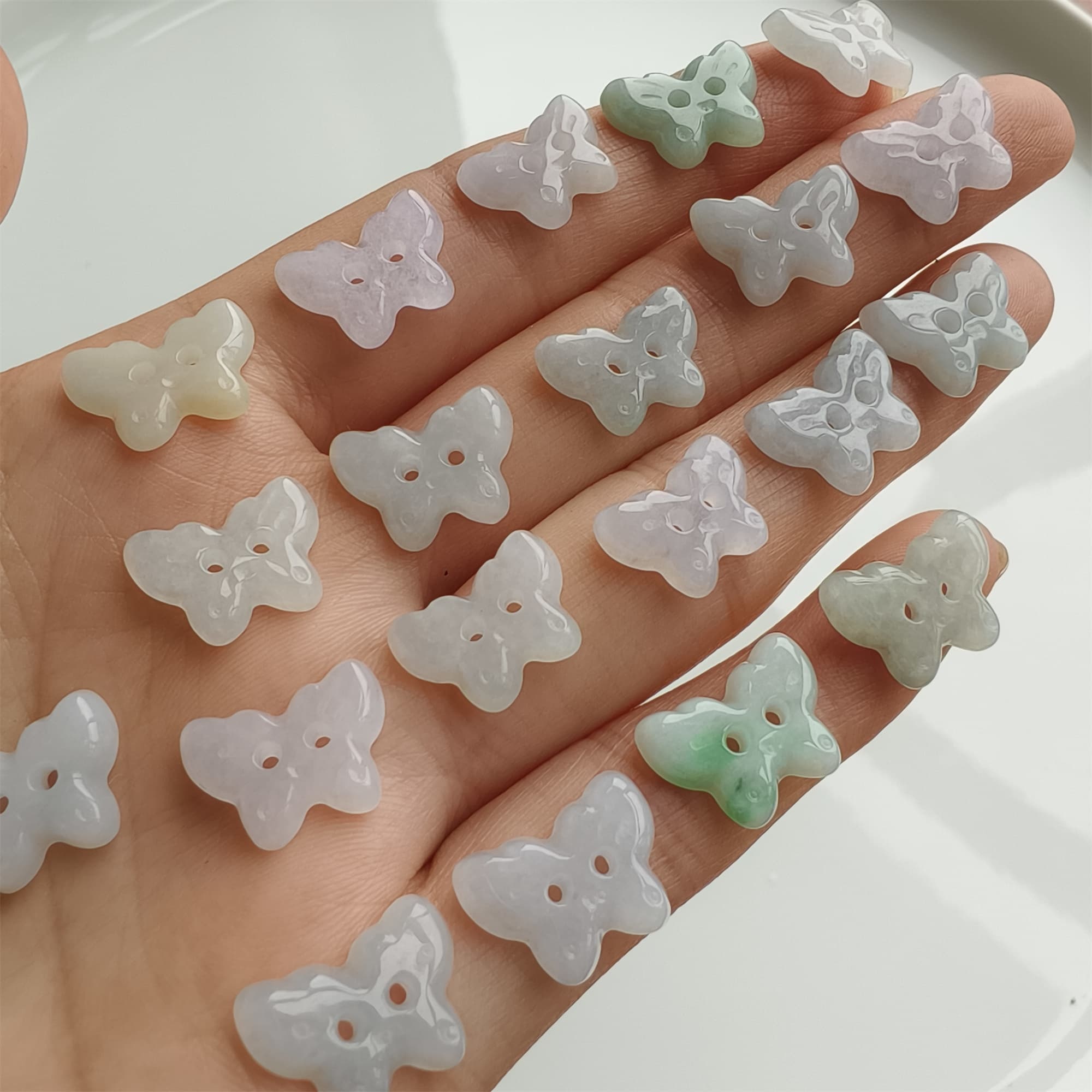 DDP 5pcs 12.5-14mm Natural Certificated Type A Icy Green White Burmese Jadeite Butterfly Button Beads