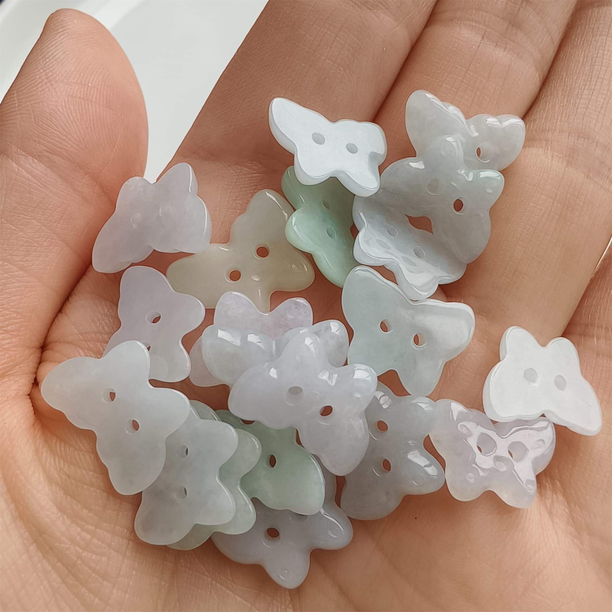 DDP 5pcs 12.5-14mm Natural Certificated Type A Icy Green White Burmese Jadeite Butterfly Button Beads
