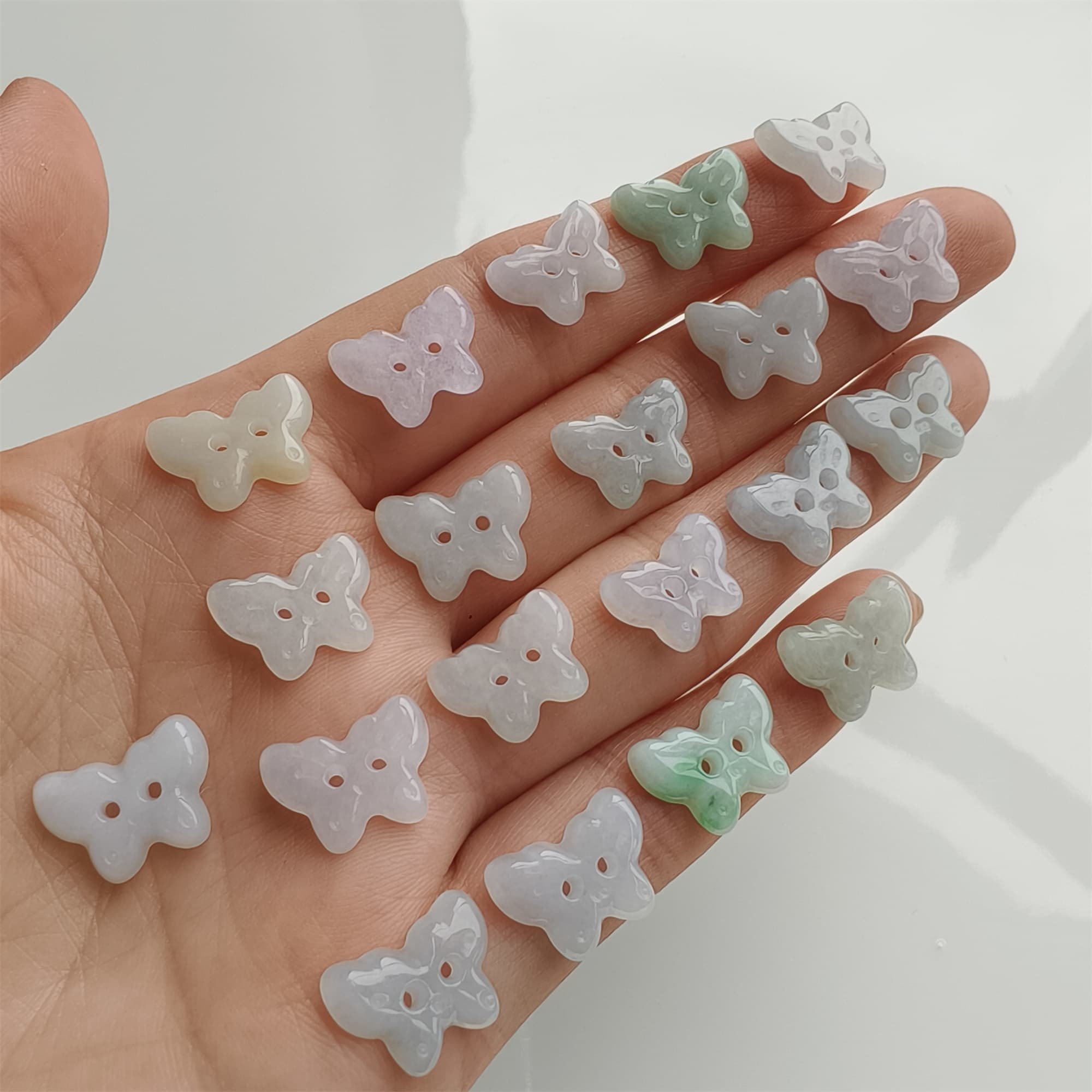 DDP 5pcs 12.5-14mm Natural Certificated Type A Icy Green White Burmese Jadeite Butterfly Button Beads