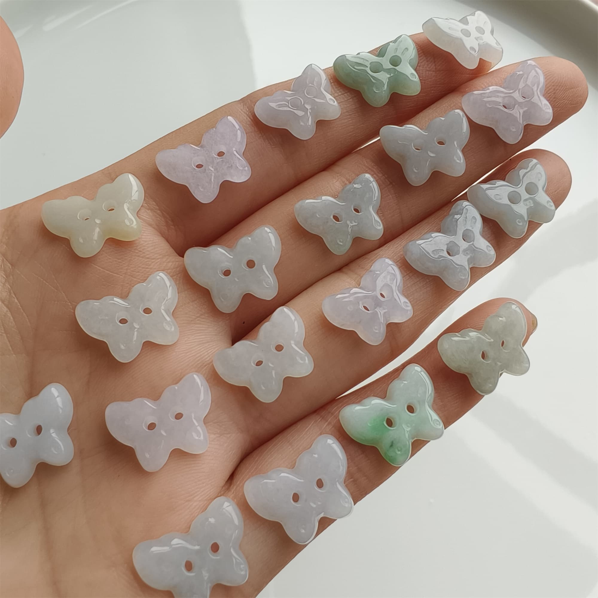 DDP 5pcs 12.5-14mm Natural Certificated Type A Icy Green White Burmese Jadeite Butterfly Button Beads