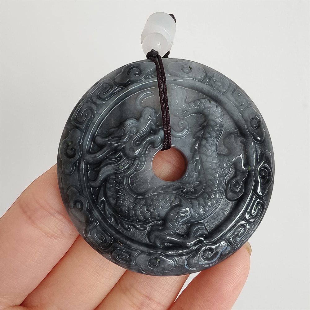 DDP 50mm Natural Type A Untreated Black Chicken Species Burmese Jadeite Round Pendant With Dragon And Phoenix Carved