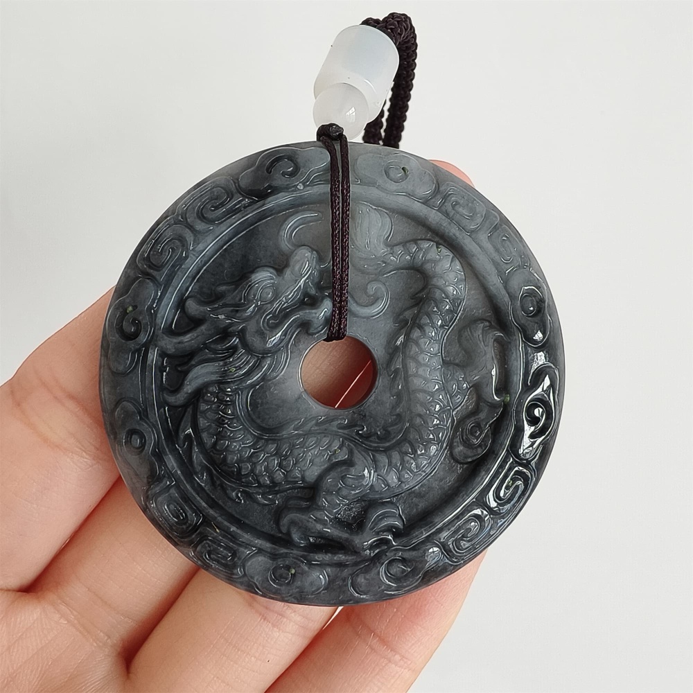 DDP 50mm Natural Type A Untreated Black Chicken Species Burmese Jadeite Round Pendant With Dragon And Phoenix Carved