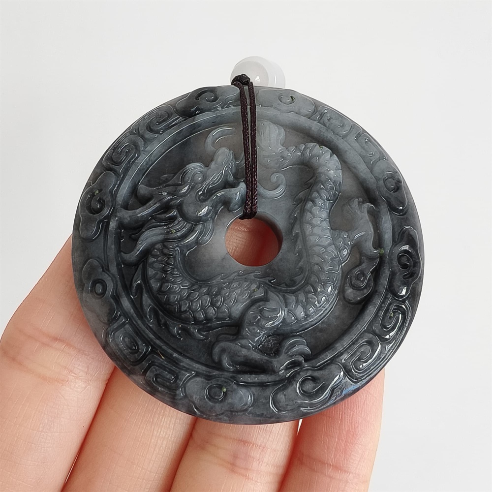 DDP 50mm Natural Type A Untreated Black Chicken Species Burmese Jadeite Round Pendant With Dragon And Phoenix Carved