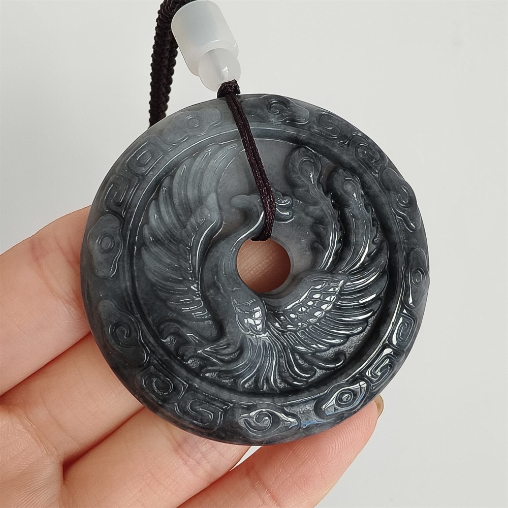 DDP 50mm Natural Type A Untreated Black Chicken Species Burmese Jadeite Round Pendant With Dragon And Phoenix Carved