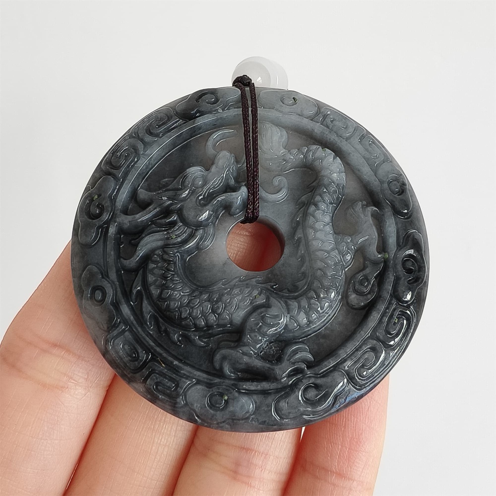 DDP 50mm Natural Type A Untreated Black Chicken Species Burmese Jadeite Round Pendant With Dragon And Phoenix Carved