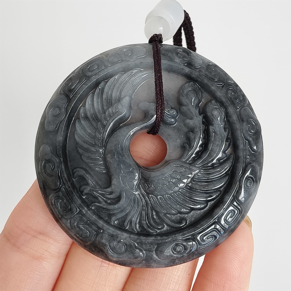 DDP 50mm Natural Type A Untreated Black Chicken Species Burmese Jadeite Round Pendant With Dragon And Phoenix Carved