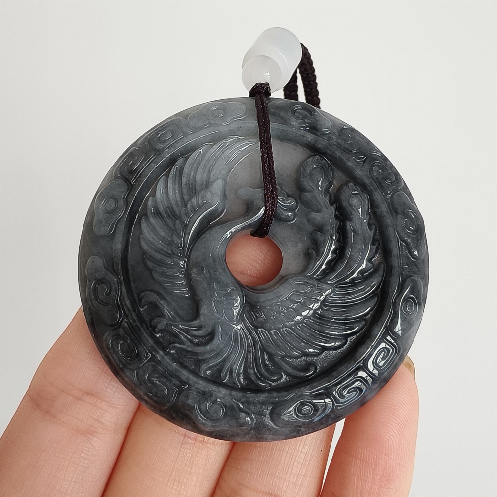 DDP 50mm Natural Type A Untreated Black Chicken Species Burmese Jadeite Round Pendant With Dragon And Phoenix Carved