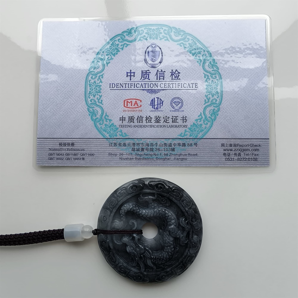 DDP 50mm Natural Type A Untreated Black Chicken Species Burmese Jadeite Round Pendant With Dragon And Phoenix Carved