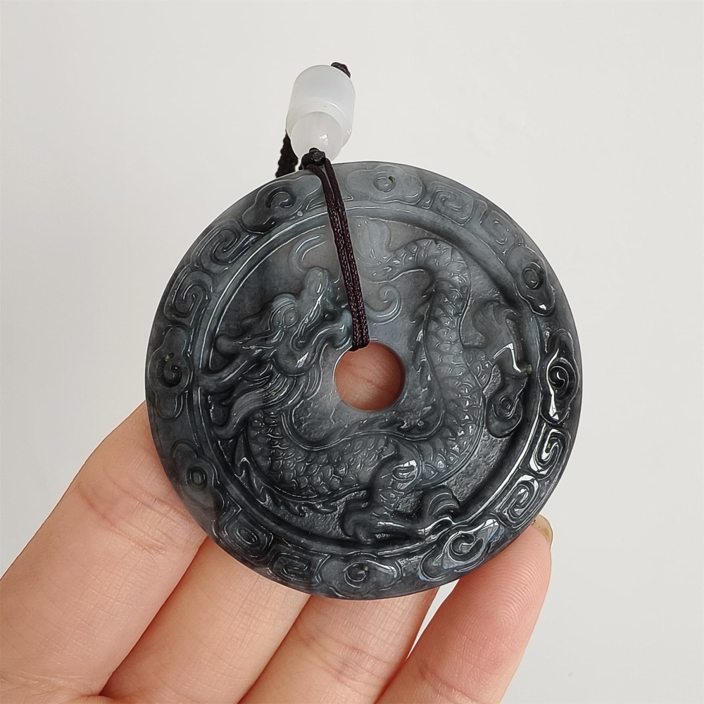 DDP 50mm Natural Type A Untreated Black Chicken Species Burmese Jadeite Round Pendant With Dragon And Phoenix Carved