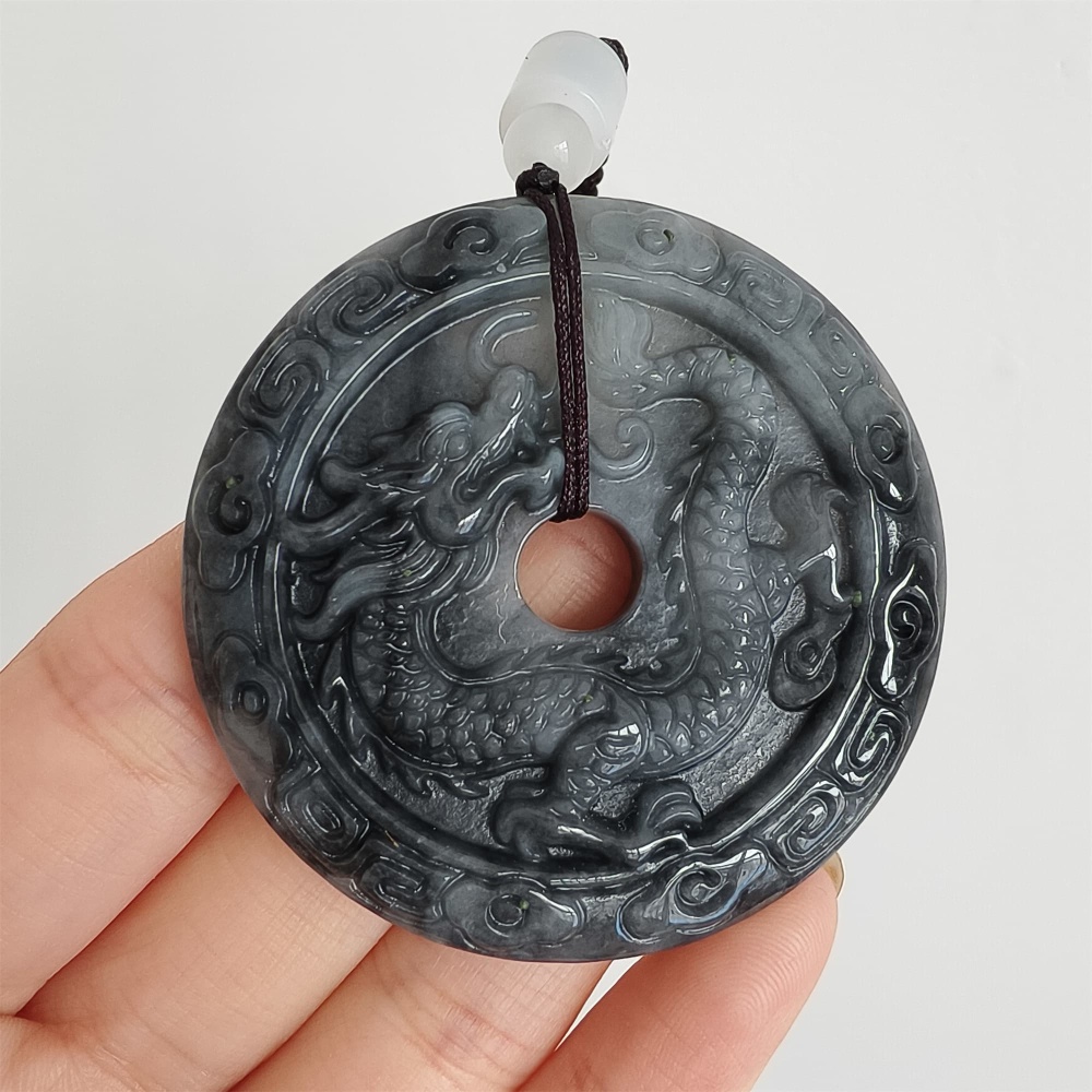 DDP 50mm Natural Type A Untreated Black Chicken Species Burmese Jadeite Round Pendant With Dragon And Phoenix Carved
