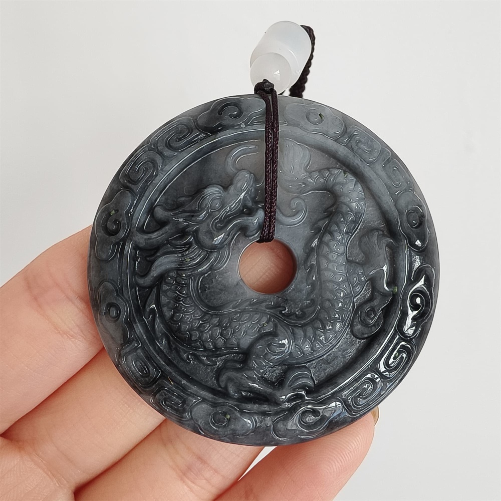 DDP 50mm Natural Type A Untreated Black Chicken Species Burmese Jadeite Round Pendant With Dragon And Phoenix Carved