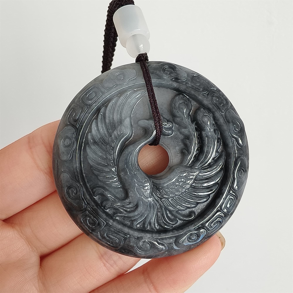 DDP 50mm Natural Type A Untreated Black Chicken Species Burmese Jadeite Round Pendant With Dragon And Phoenix Carved