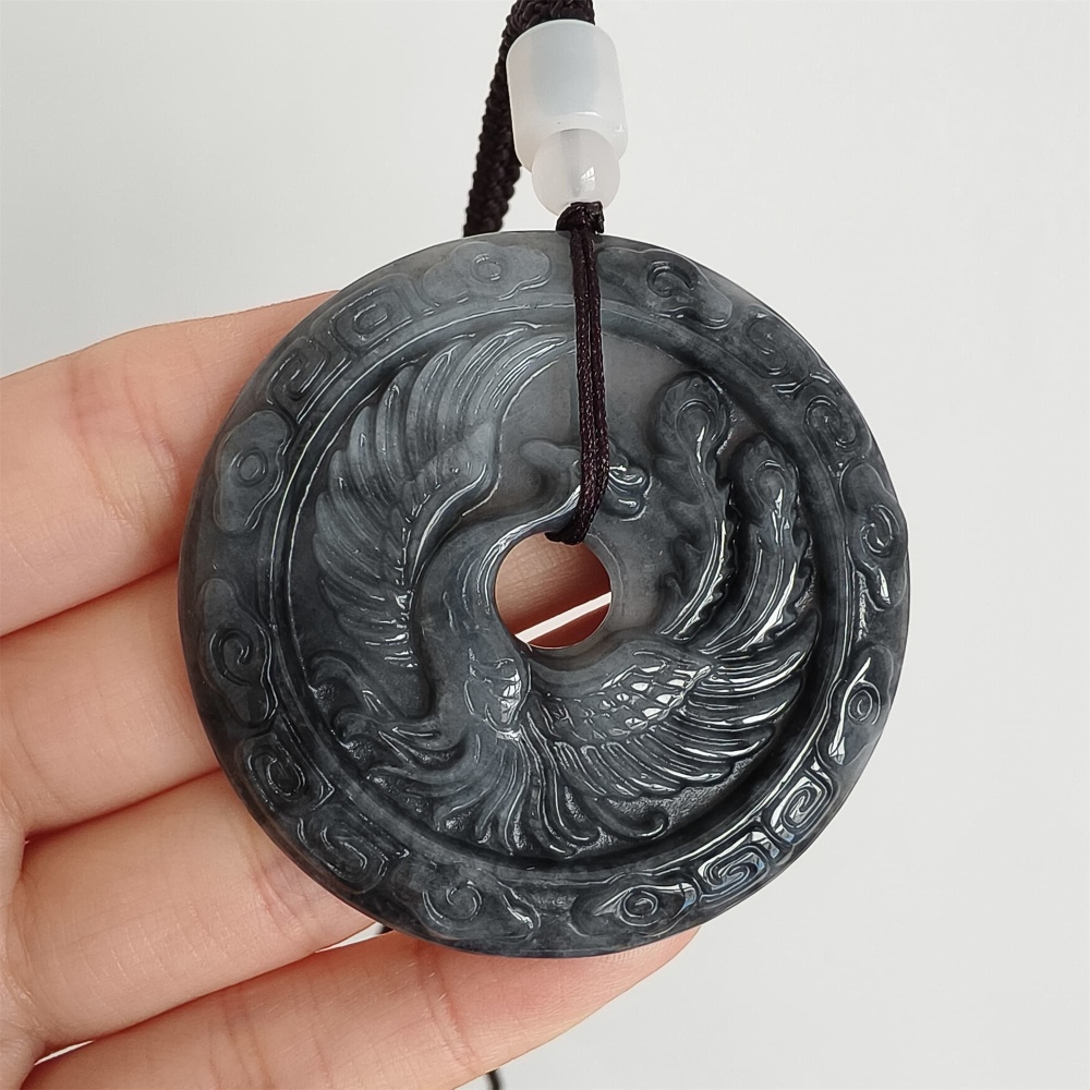 DDP 50mm Natural Type A Untreated Black Chicken Species Burmese Jadeite Round Pendant With Dragon And Phoenix Carved