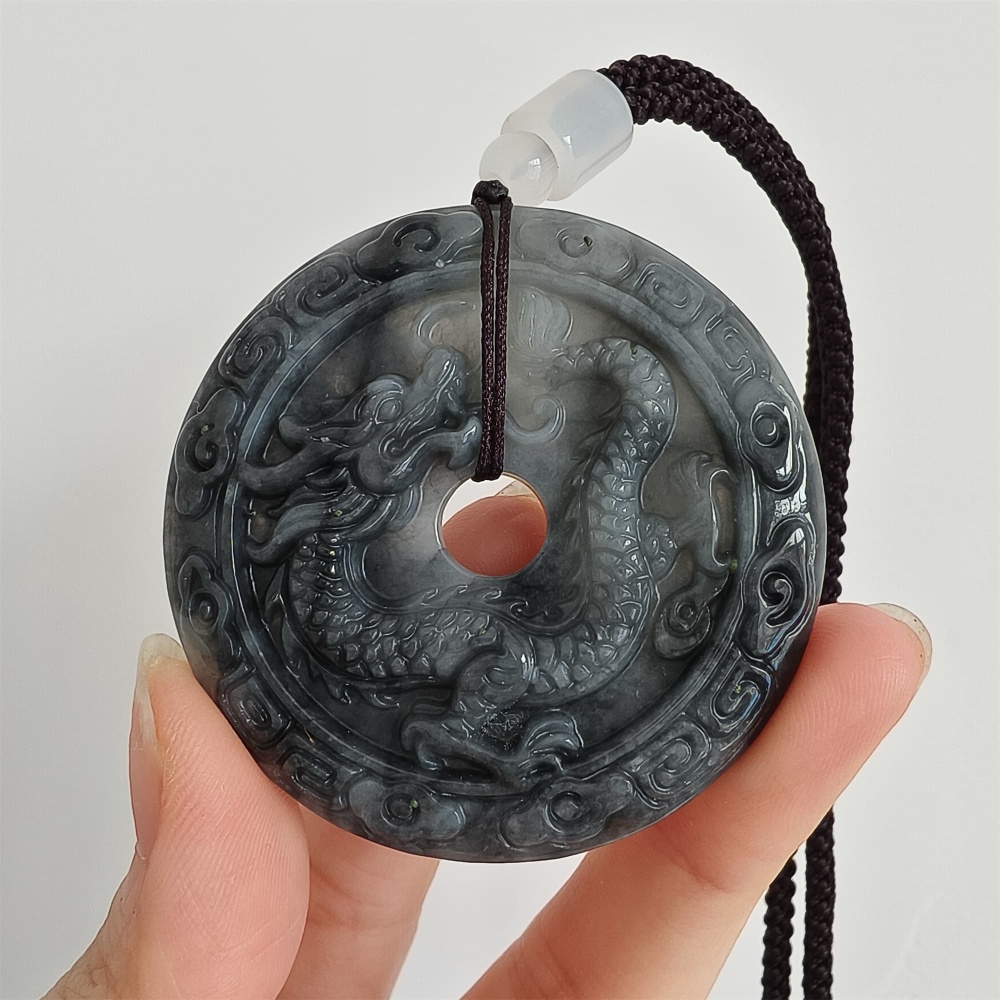 DDP 50mm Natural Type A Untreated Black Chicken Species Burmese Jadeite Round Pendant With Dragon And Phoenix Carved