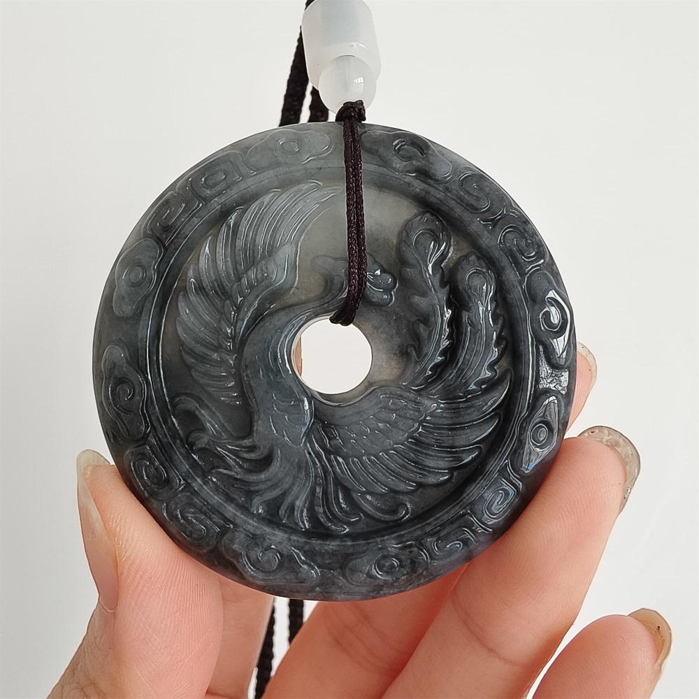 DDP 50mm Natural Type A Untreated Black Chicken Species Burmese Jadeite Round Pendant With Dragon And Phoenix Carved