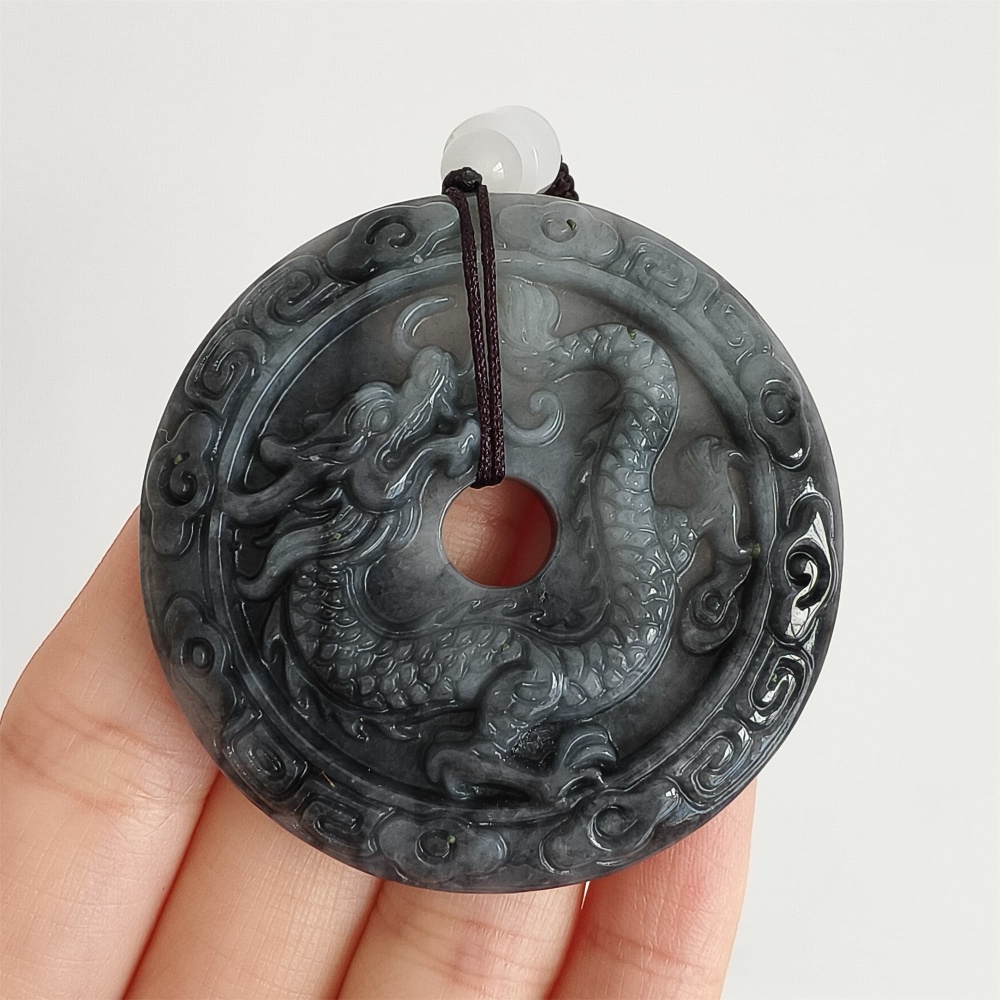 DDP 50mm Natural Type A Untreated Black Chicken Species Burmese Jadeite Round Pendant With Dragon And Phoenix Carved