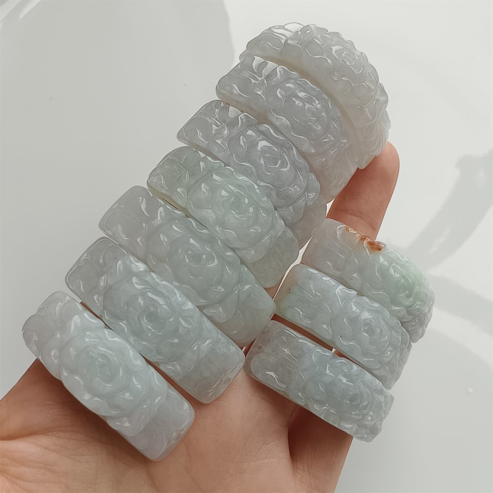 DDP 38mm Natural Type A Untreated White Green Burmese Jadeite Curved Bar With Rose Carved For Making Bracelet