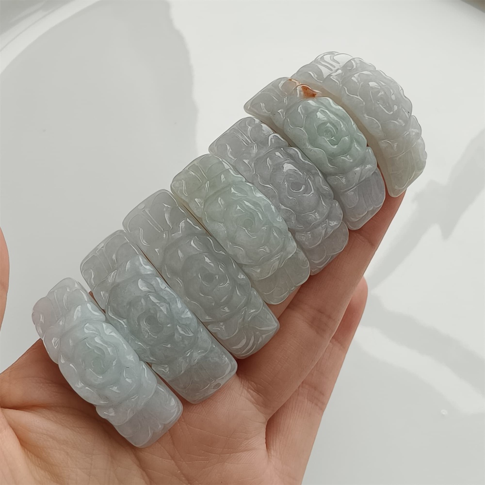 DDP 38mm Natural Type A Untreated White Green Burmese Jadeite Curved Bar With Rose Carved For Making Bracelet