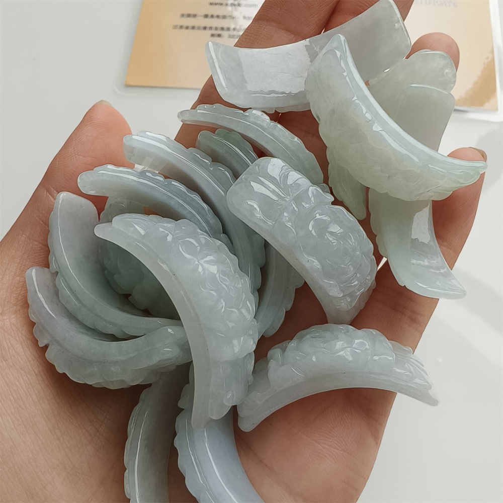 DDP 38mm Natural Type A Untreated White Green Burmese Jadeite Curved Bar With Rose Carved For Making Bracelet
