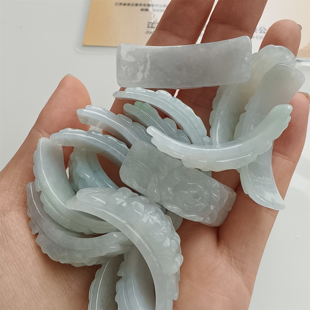 DDP 38mm Natural Type A Untreated White Green Burmese Jadeite Curved Bar With Rose Carved For Making Bracelet