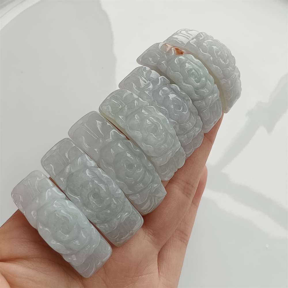 DDP 38mm Natural Type A Untreated White Green Burmese Jadeite Curved Bar With Rose Carved For Making Bracelet