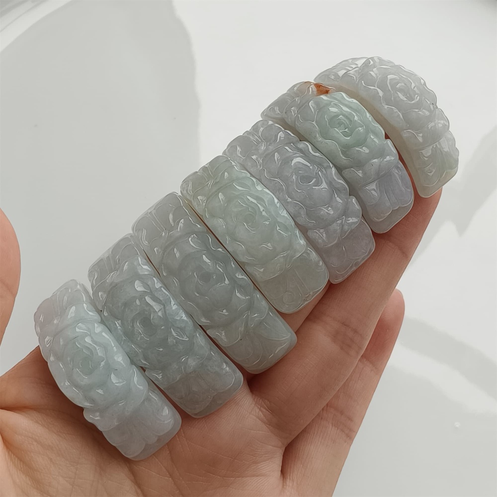 DDP 38mm Natural Type A Untreated White Green Burmese Jadeite Curved Bar With Rose Carved For Making Bracelet