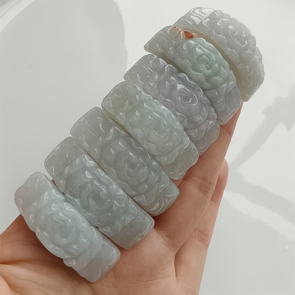 DDP 38mm Natural Type A Untreated White Green Burmese Jadeite Curved Bar With Rose Carved For Making Bracelet