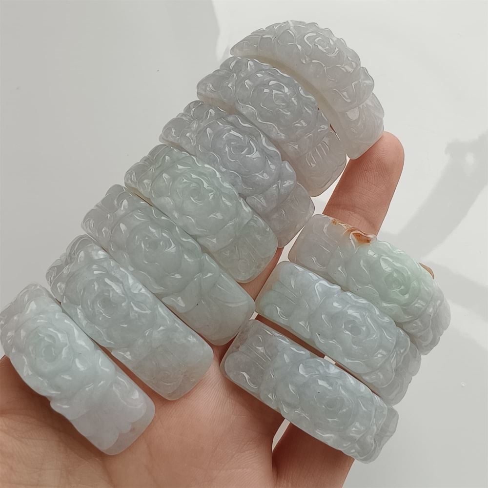 DDP 38mm Natural Type A Untreated White Green Burmese Jadeite Curved Bar With Rose Carved For Making Bracelet
