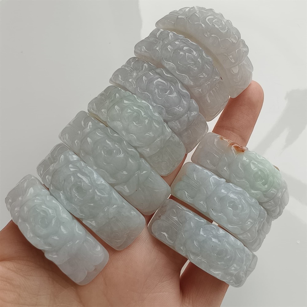 DDP 38mm Natural Type A Untreated White Green Burmese Jadeite Curved Bar With Rose Carved For Making Bracelet