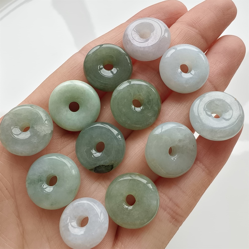DDP 12pcs 13-15mm Natural Type A Green White Burmese Jadeite Safety Buckle Beads