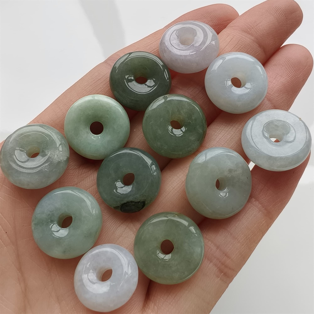 DDP 12pcs 13-15mm Natural Type A Green White Burmese Jadeite Safety Buckle Beads